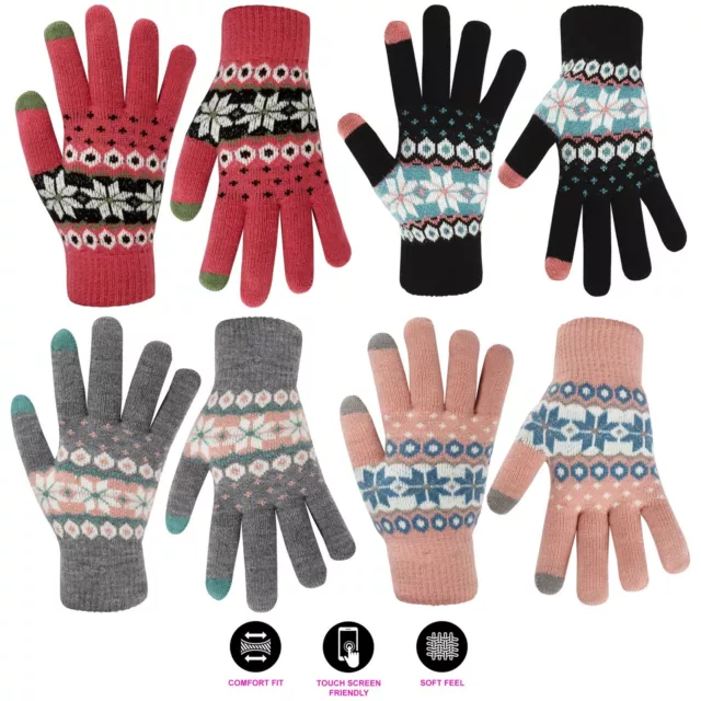 Ladies Fair Isle iTouch Gloves Womens Thermal Winter Warm Knitted Pattern Gloves