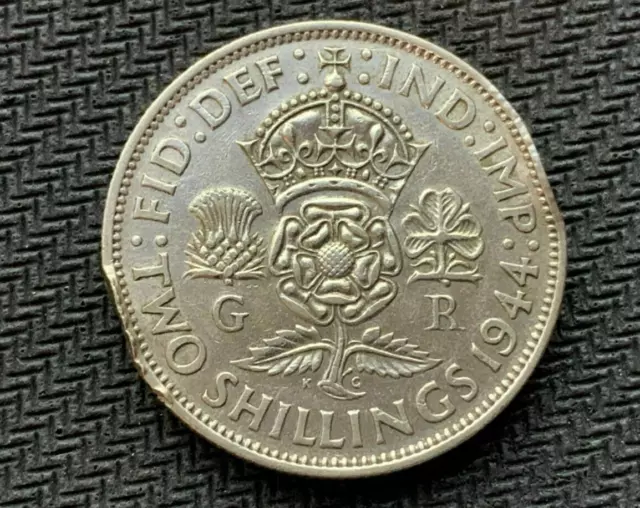 1944 UK 2 Shilling Coin UNC  .500 Silver ( Edge Dents )    #C1302