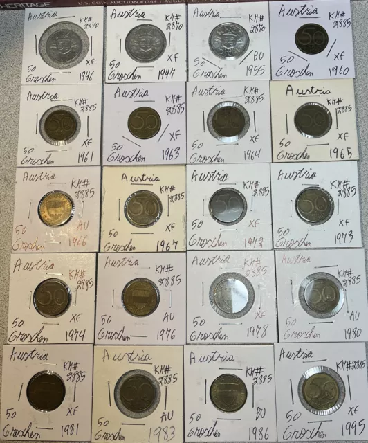 Austria 1946- 1995 Fifty 50 Groschen 20 Coin Lot High Grades XF to BU Condition