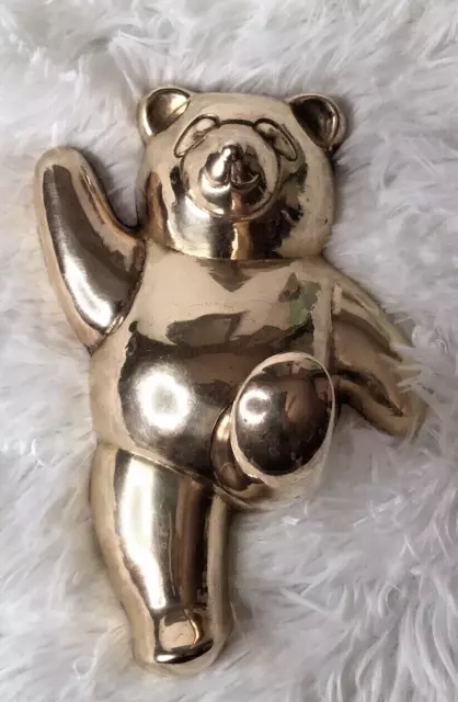 Vintage Brass Dancing Teddy Bear Wall Mounted Clothes Coat Hook 7"