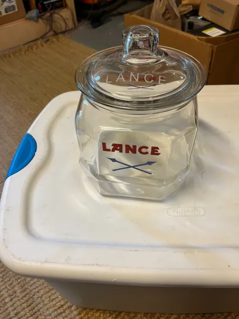 Vintage Lance Jar 8 Sided Glass Store Display Approx. 9” Tall w/ Glass Lid