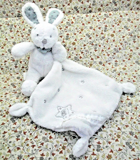 C/ Doudou Vertbaudet Simba Lapin Blanc Gris Etoile Mouchoir Name 40Cm Etat Neuf
