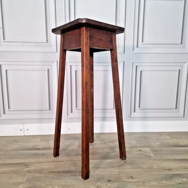 Antique Tall Square Splayed Legged Oak Wooden Torchere Plant Stand Table