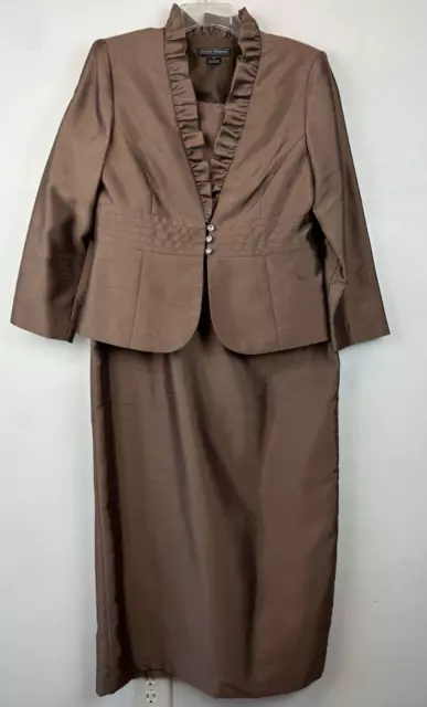 Jessica Howard Formal Dress Sz 12P Full Length Gown Jacket Brown Raw Silk Look