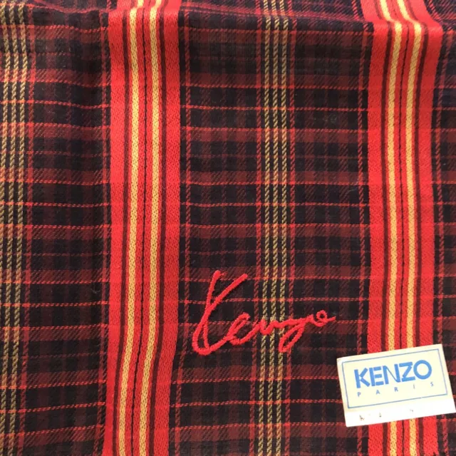 Vintage NWT Signed Unisex Kenzo Paris Scarf Bandana Handkerchief Red Blue Tartan