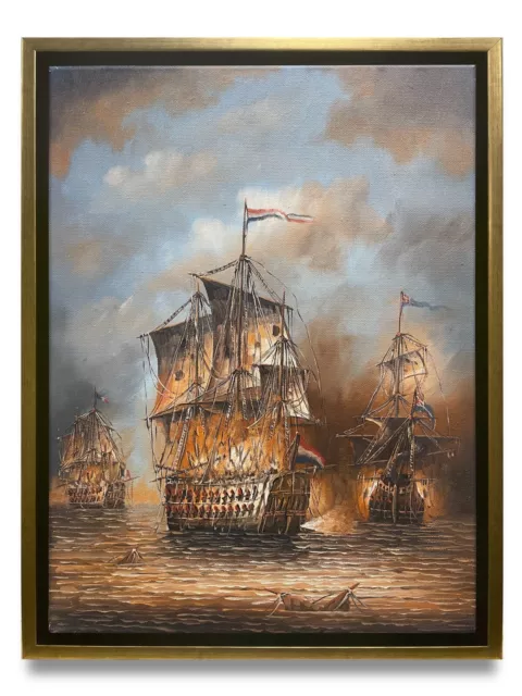 NY Art- Original Oil Painting of Colonial Battleships on Canvas 12x16 Framed