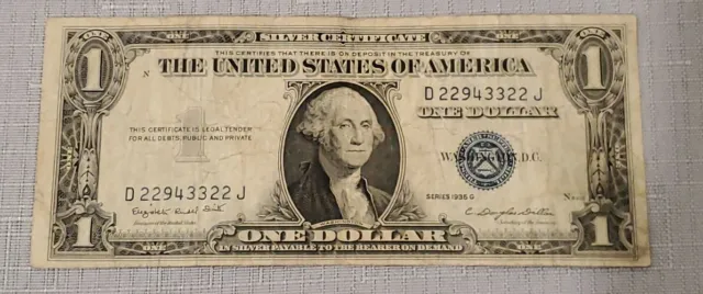 US $1 DOLLAR 1935 G SILVER CERTIFICATE BLUE SEAL (misplaced)