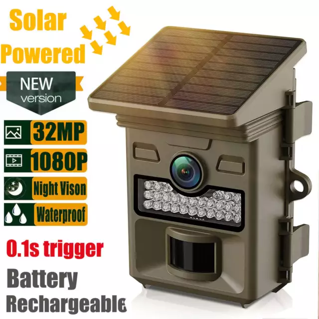 1080P Solar Wildlife Trail Camera 32MP Scouting Hunting Cam Night Vision No WIFI