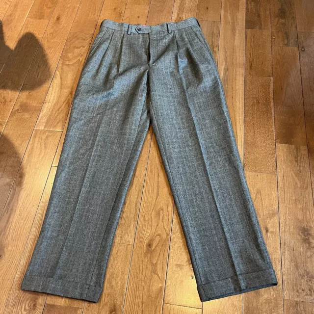 Mens Lauren Ralph Lauren 100% Wool Pleated Dress Pants Gray Herringbone sz 34x32