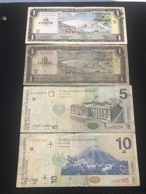 4 Salvadoran bills 2 of 1 colon1979-1980-5 colones 1998-10 colones 1998