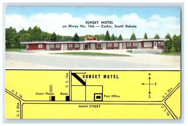 c1940s Map and Building of Sunset Motel, Custer South Dakota SD Postcard