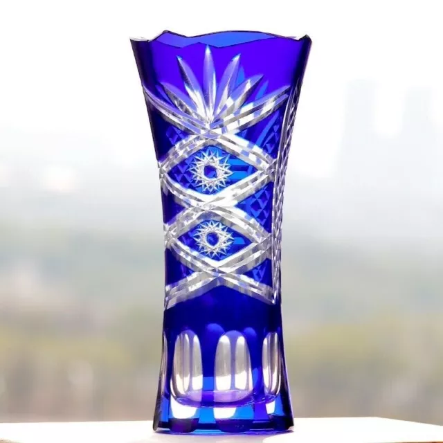 6.9" Bohemian Czech Style Blue Glass Vase Hand Cut To Clear Crystal Art Deco