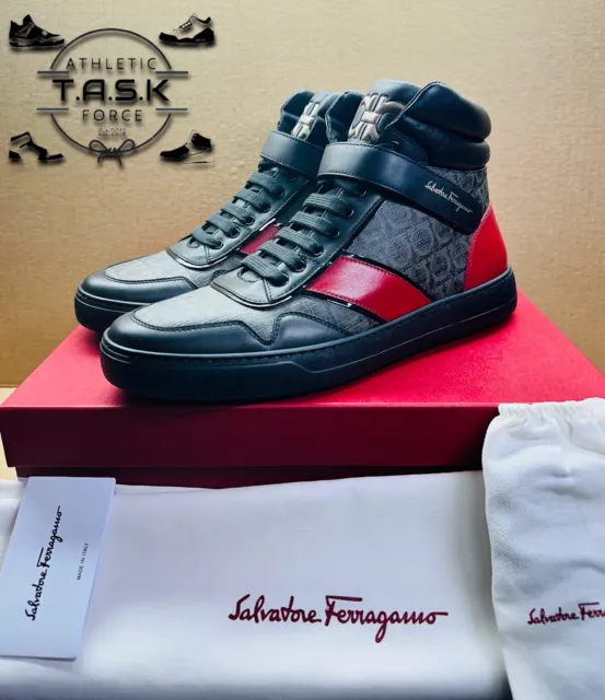 NEW SALVATORE FERRAGAMO Noe Leather High Top Shoes Sneakers Black Mens ...
