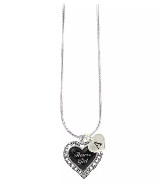 Custom Black Heart Flower Girl Silver Necklace Jewelry Choose Initial All 26