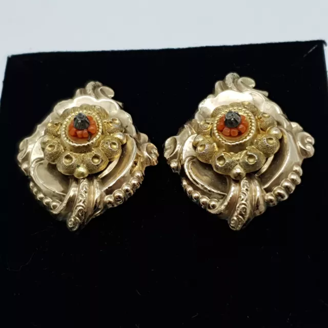 Biedermeier 14k 585 Gold / Silber Ohrringe mit Korallen  - (S) 3