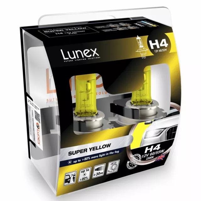 2x Lunex SUPER YELLOW 2300K H4 12V 60/55W Car Halogen Headlight Bulbs P43t