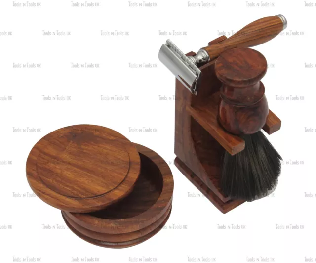 Precioso Madera Kit de Afeitado Pelo Caballo Cepillo Doble Filo Navaja Soporte &