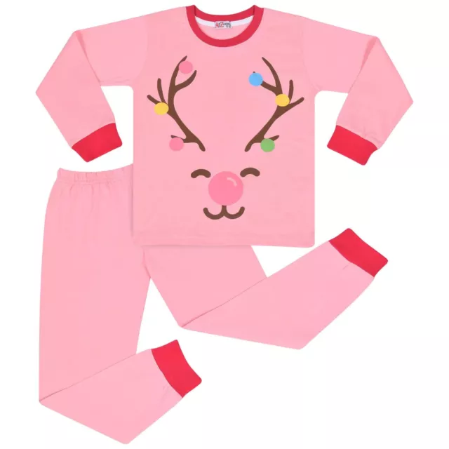 Kids Girls Christmas Pyjamas Reindeer Print Pink PJs 2 Piece Xmas Lounge Suit