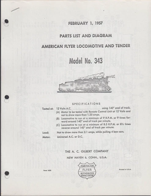 COPY AMERICAN FLYER Parts List & Diagram Locomotive #290 4-6-2 AFL 6/1 1950 £6.19 - UK
