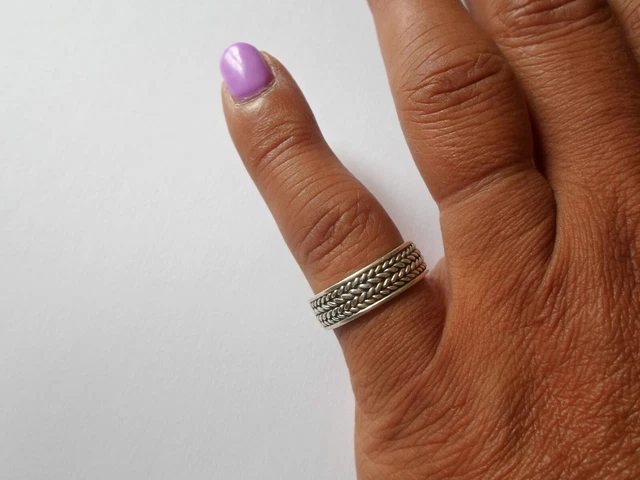 Bague Ancienne En Argent Massif 925 - Style Jonc Alliance, Motif Cordage, Taille 51