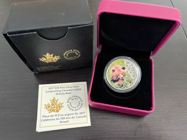 2017 $10 Fine Silver Coin 1/2 Oz Colorized Grizzly Bear Celebrating Canada 150th