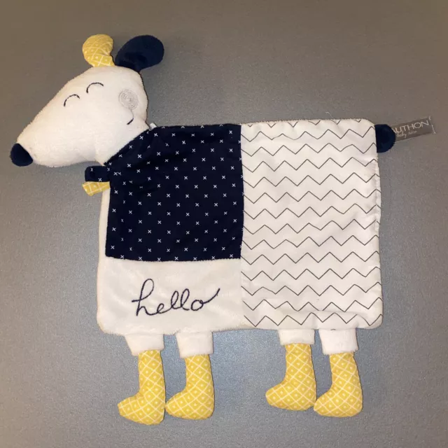 Doudou plat chien blanc bleu jaune Hello SAUTHON