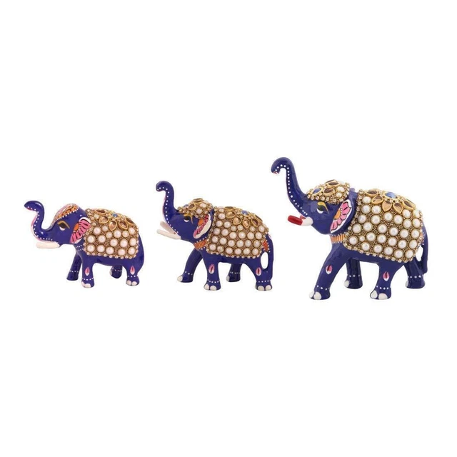 TRADITIONAL METAL ELEPHANT Trunk Up Home Decor Showpiece Multicolor Set