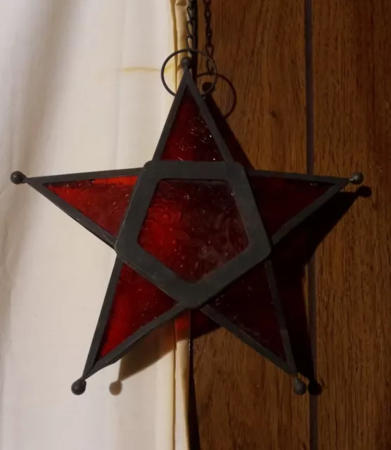 Vintage Ruby Red Stained Glass Hanging 5-POINT STAR Light Candle Holder