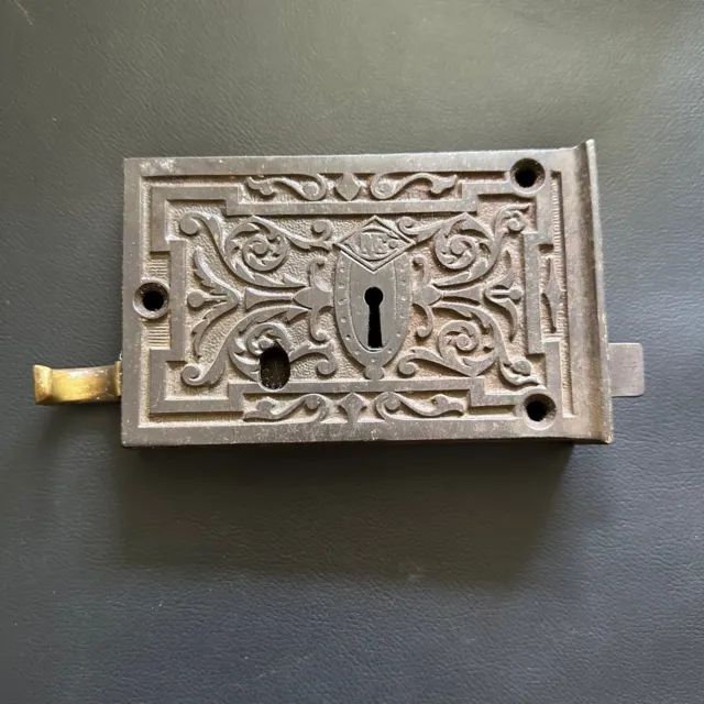 Antique Victorian 'Re' Cast Iron Ornate Rim Lock Brass Finger Latch Good Cond