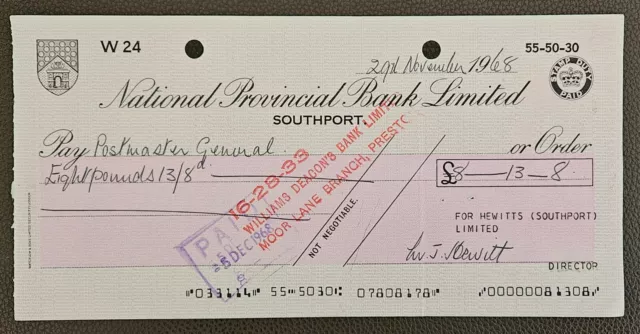1968 National Provincial Bank, Southport Branch Cheque for Hewitts Ltd.