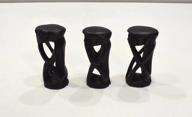 African Carved See Hear Say No Evil Ebony Monkey Figure Set 2