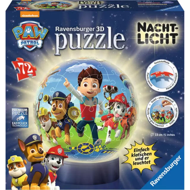 Ravensburger 3D Puzzle Paw Patrol Puzzle Ball Night Light Kids Puzzle 72 pièces