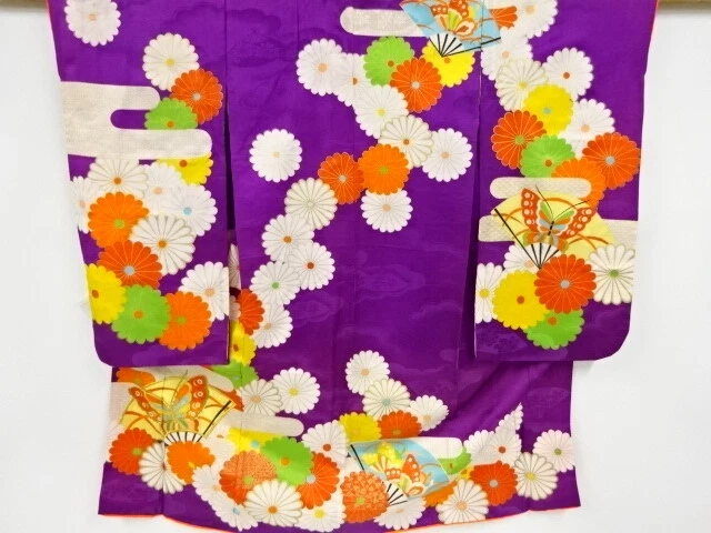 36637# Japanese Kimono / Antique Kimono For Girls / Embroidery / Folding Fan Pat