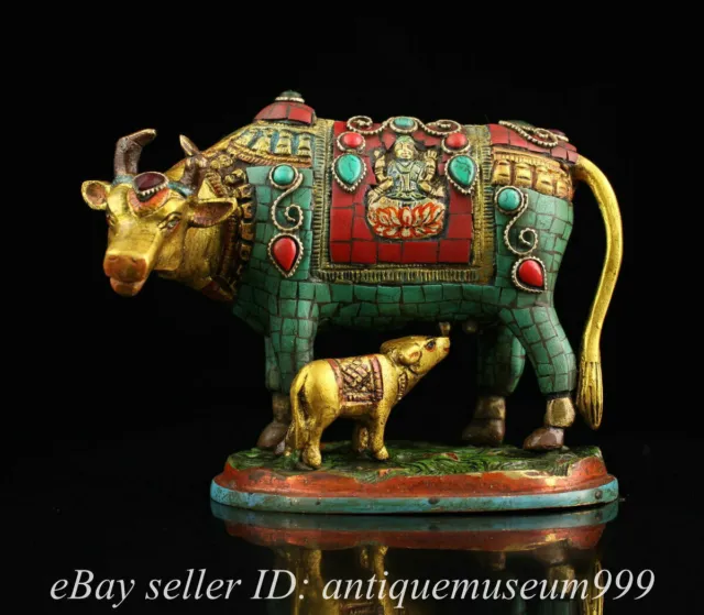6.8" Tibet Bronze Turquoise Gilt Inlay Gems Feng Shui Mother son Cattle Statue