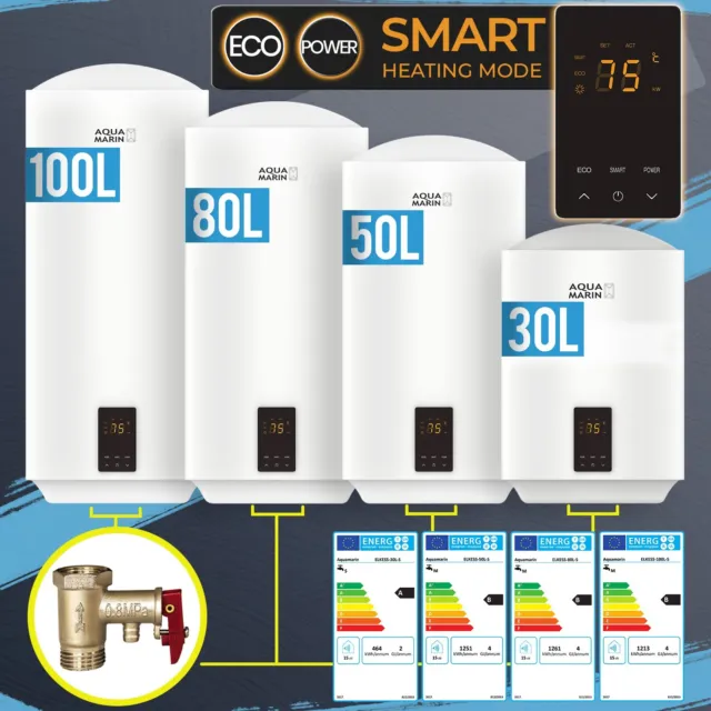 Aquamarin® Elektro SMART Warmwasserspeicher 30/50/80/100 L Boiler 2 kW 230 V