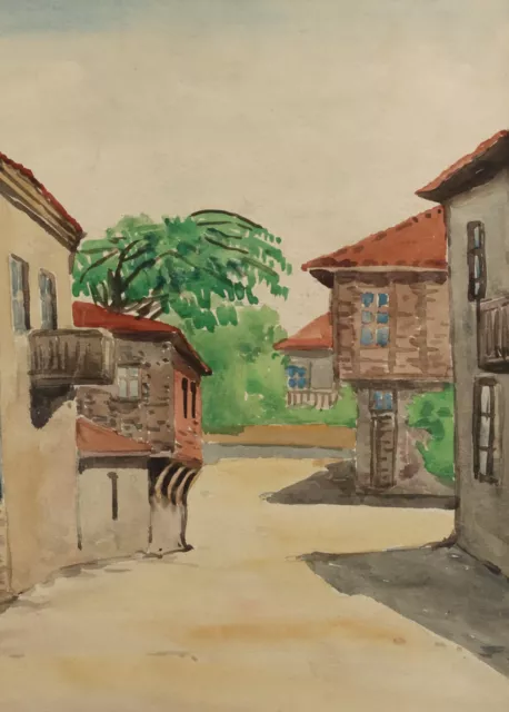 Watercolor painting antique landscape village houses