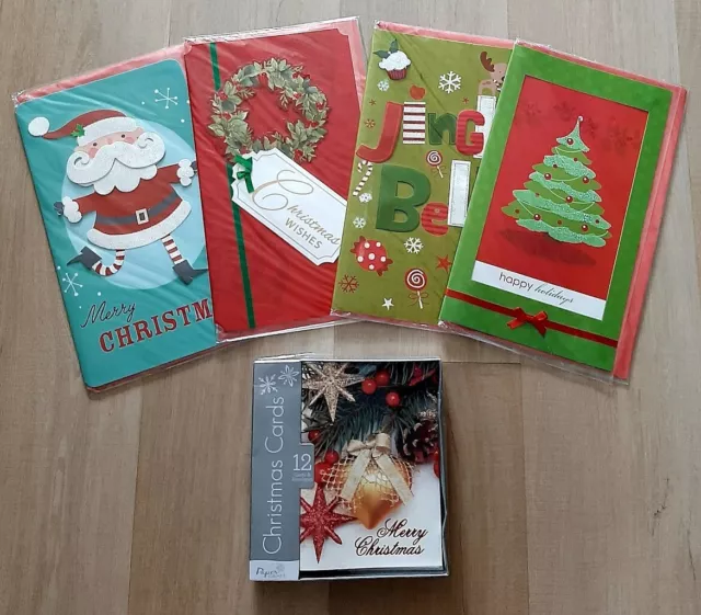 12 Christmas Cards w/ envelopes in a box & 4 Jumbo xmas cards variety bundle NEW