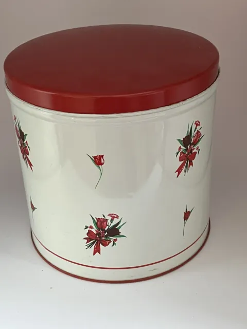 Tin Metal Kitchen Canister White Red Tulips Flowers Red Lid Vintage 