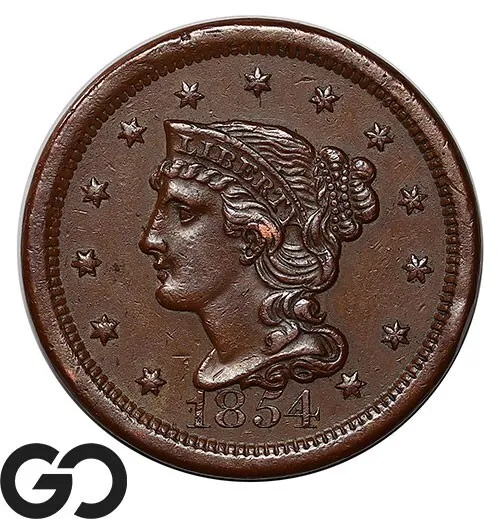 1854 Large Cent, Braided Hair, Choice AU++/Unc