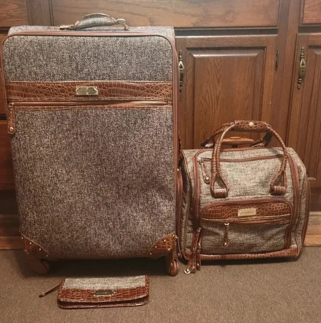Rare Samantha Brown Luggage Brown Leather and Tweed 3 Pc Luggage Set