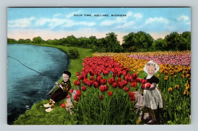 Holland MI, Tulip Time, Dutch Children, Boy Fishing, Michigan Vintage Postcard