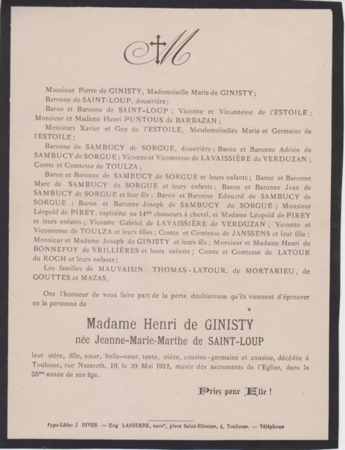 1912 Faire-part décès Mme Henri de GINISTY née Jeanne-Marie-Marthe de SAINT-LOUP