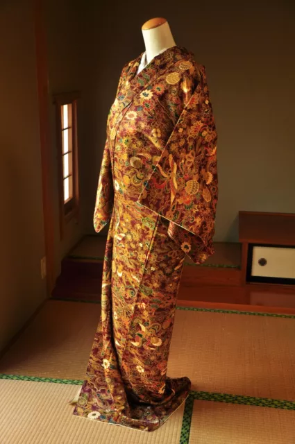 Vintage Japanese Kimono Sepia Oriental Pattern Silk Unused Komon Type