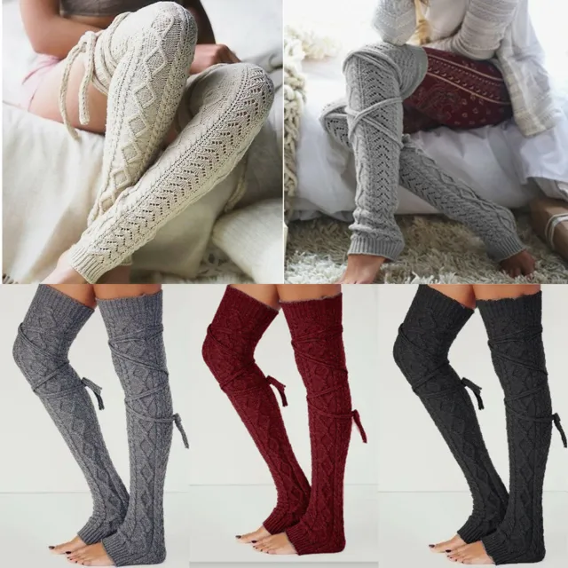 Womens Ladies Winter Warm Leg Warmers Cable Knit Knitted Crochet Long Socks