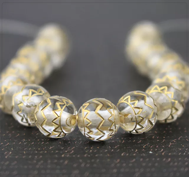 10 Acryl Perlen Deko transparent gold Muster Inka Boho Schmuck DIY Basteln 9,5mm