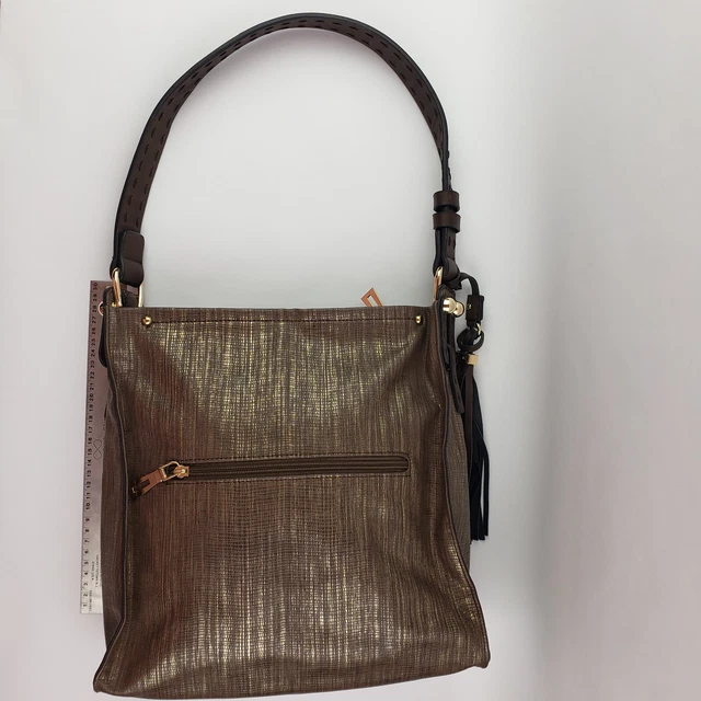Sondra Roberts Squared Gold Metallic Brown Faux Leather Trim Purse Shoulder Bag