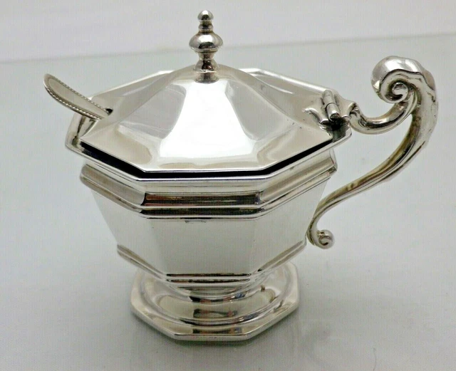 Antique Silver Mustard Pot with Blue Liner & Spoon Solid Sterling (KSBWSJ
