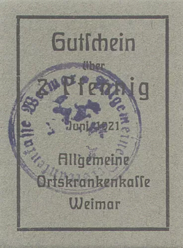 Gutschein über 2 Pfennig Juni 1921. AOK Weimar