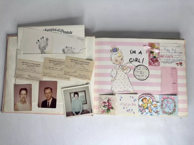 Vintage 1950s Personalized Baby Girl Scrapbook, Pink, Detailed Memory Keepsake 3