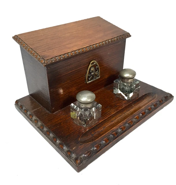 ANTIQUE WOODEN OAK Stationery Box / Letter Desktop Tidy /